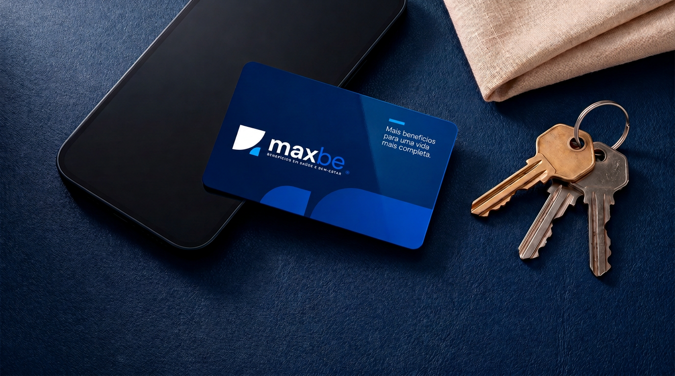 Cartão de benefícios MAXBE ao lado de um celular e chaves